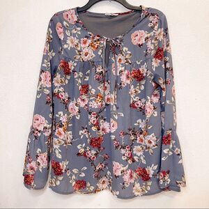 Entro Anthro Gray Floral Boho Bell Sleeve Blouse Size S